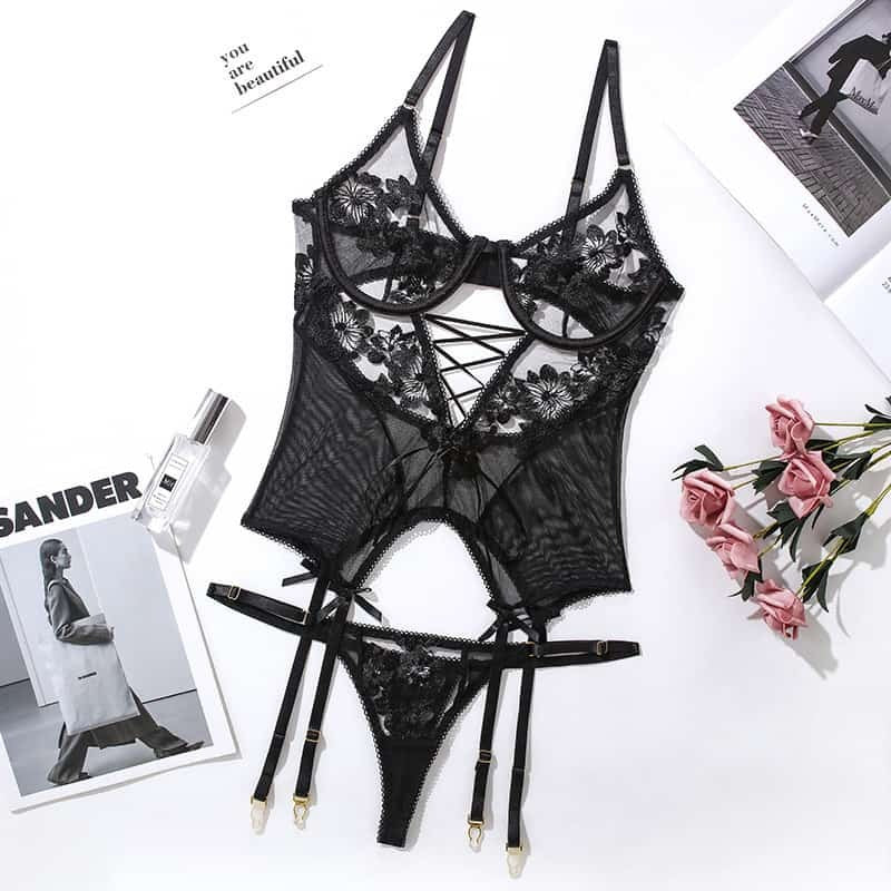 Transparent Mesh Floral Gartered Corset Over View