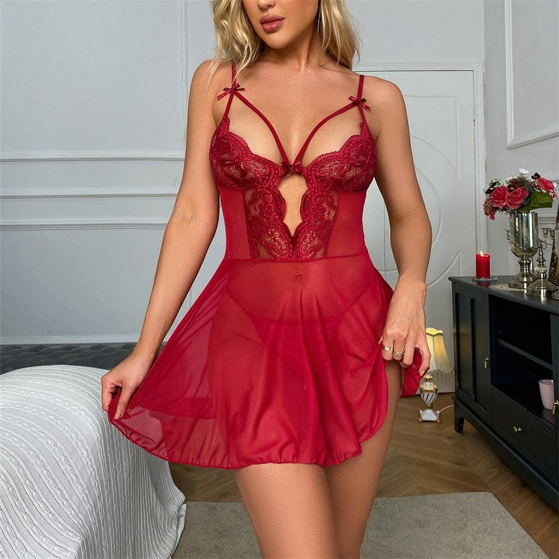 Maroon Deep V Sling Mesh Lace Babydoll Setc Show On Model