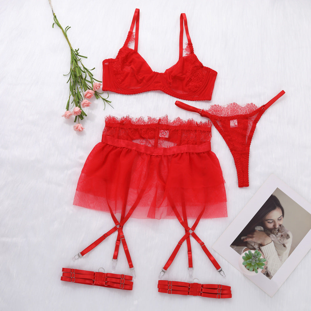 Red Delicate Shadow Sheer Bra and Panty Set Over View