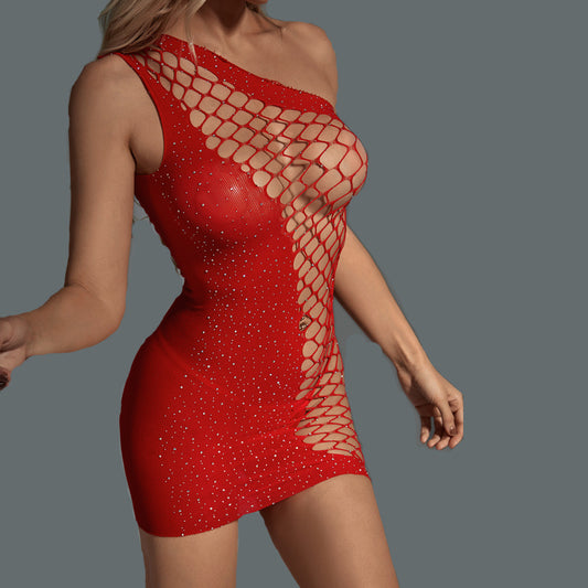 ONE-SHOULDER RED BODYSTOCKING DRESS
