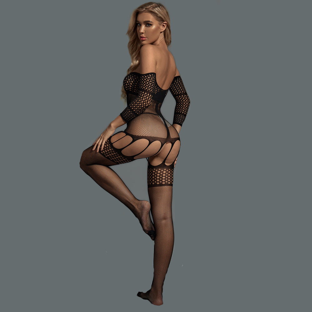 Wholesale Sheer Bodystocking with Off-the-Shoulder Design Back Show